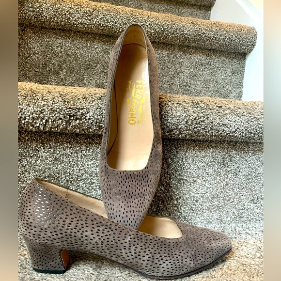 Salvatore Ferragamo Shoes - Ferragamo Vintage Gray Suede Chunky Kitten Heel